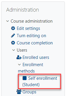 Course Administration menu with Self enrollment method highlighted in a red box.