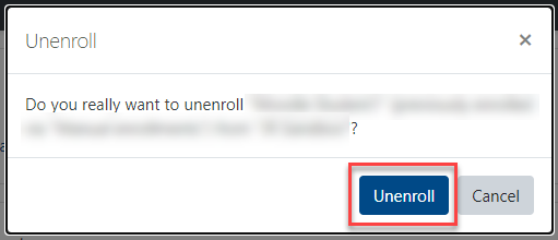 Moodle unenroll button highlighted inside a red box.
