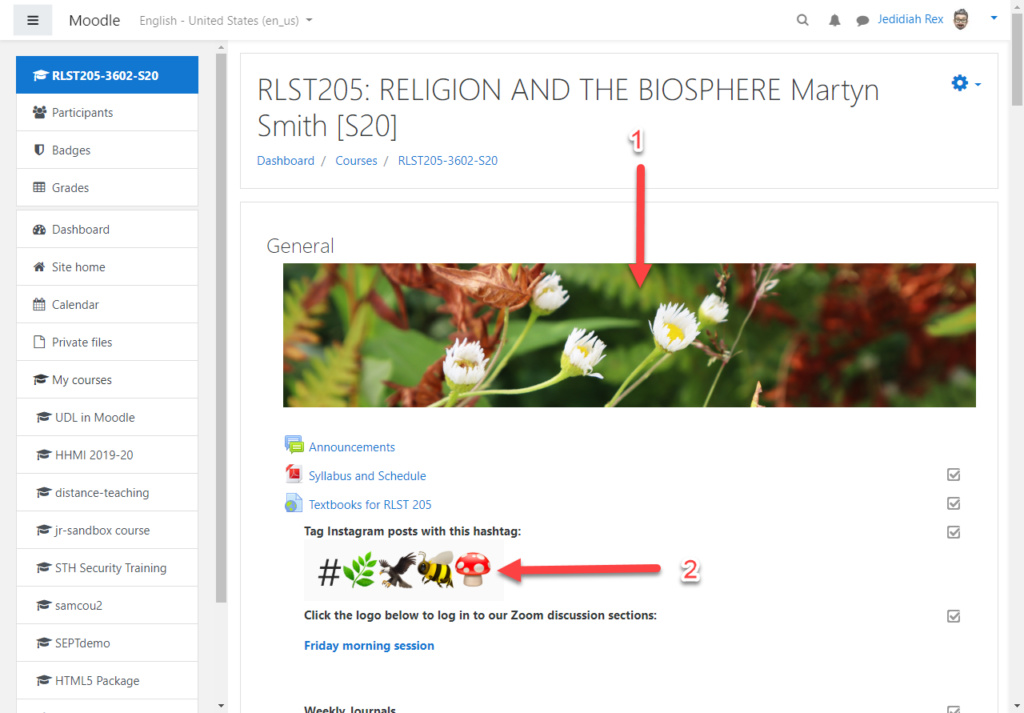 A Moodle course page showing a banner image of white flowers in front of green leaves and a list of emoji images for students to use on Instragram.