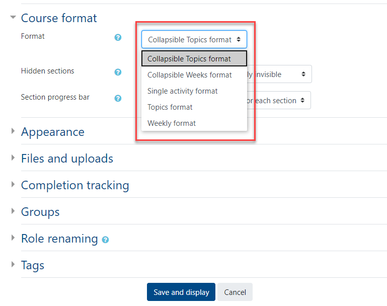 The Moodle course settings page with the Course Format sections expanded and the Format drop-down menu expanded to show the available course formats. These include (in this order from top to bottom): Collapsible topics format, Collapsible Weeks format, Single activity format, Topics format, and Weekly format.