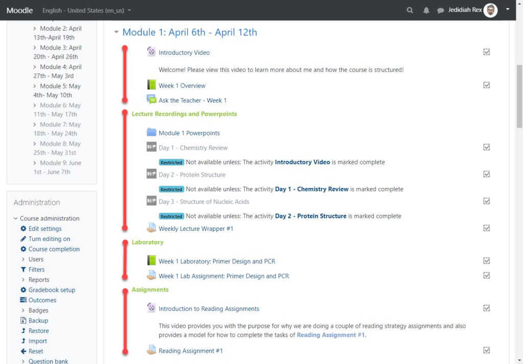 One topic section within a Moodle course page displaying four chunks of information: an overview, lecture recordings, laboratory, and assignments.