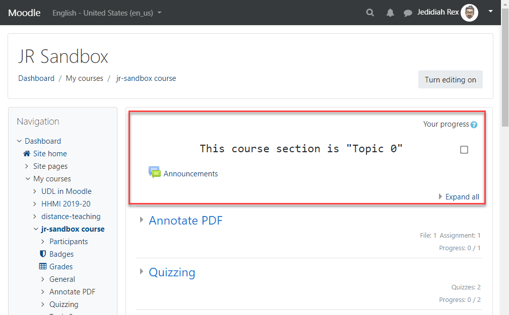 Moodle course page with the first topic section, "Topic Zero," highlighted inside a red box.