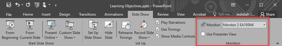 PowerPoint Slideshow Ribbon. Monitor settings highlighted in red box. Presentation monitor selected. "Use presenter view" deselected.