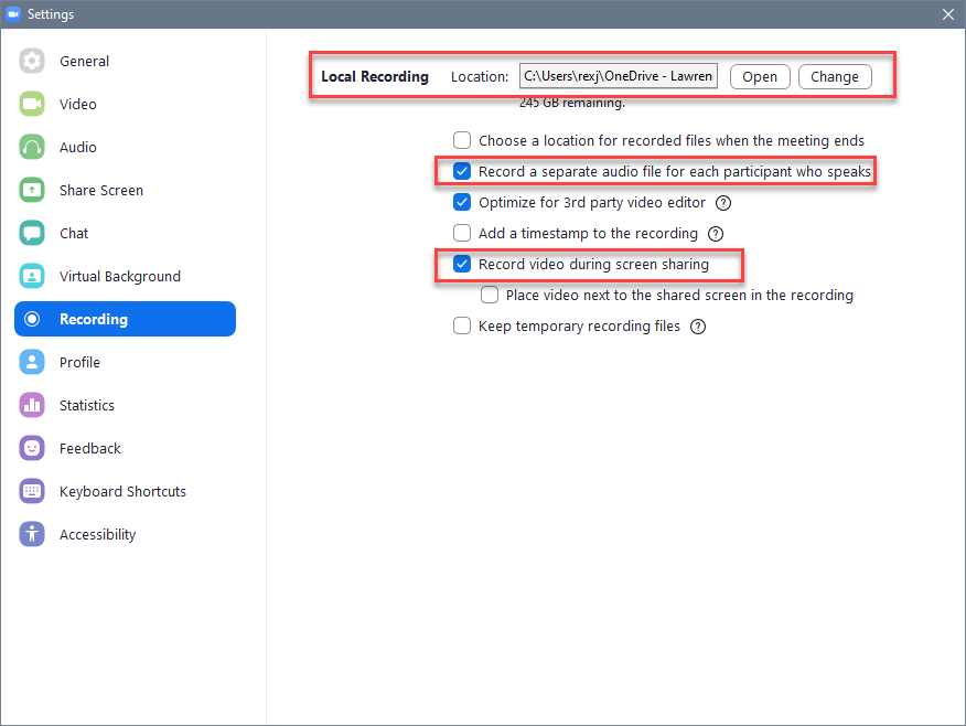 Zoom recording preferences. Make sure to set a recording location. select "Record a separate audio for each participant," and "Record video during screen sharing." 