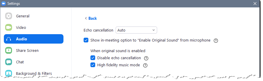 Original sound settings in Zoom which provide high fidelity audio. 