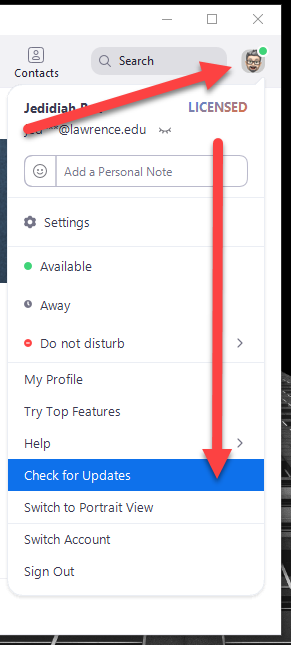 Zoom desktop app, checking for updates by clicking the profile image and then selecting, "Check for updates."
