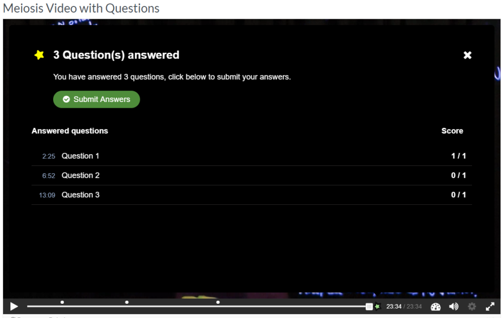 H5P interactive video submit answers screen containing a green submit button.