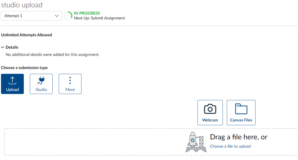 The submission page for a Canvas assignment showing the options to upload a file, submit through Canvas Studio, and more.