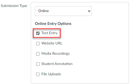 Canvas submissions settings. Online text entry is selected.