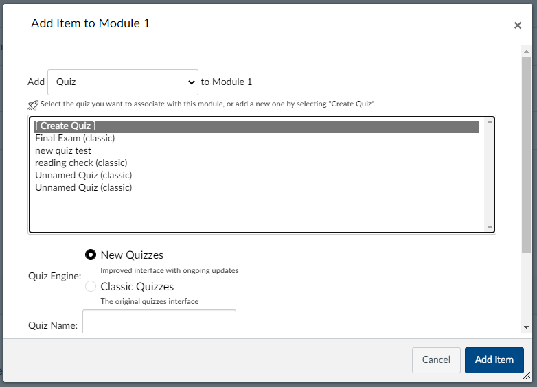 Instructors may choose which quiz engine they choose when creating a quiz in a module. 