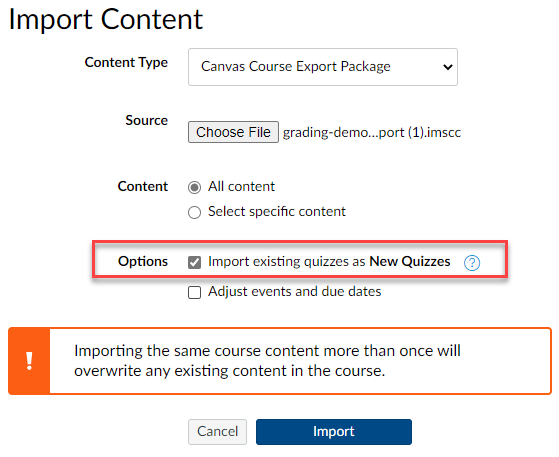 Canvas Course import options containing choice to import existing quizzes as New Quizzes.