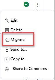 Quiz edit option showing the Migrate option.