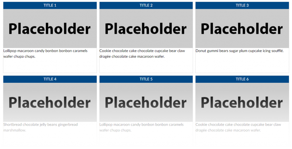 Six rectangular tiles arranged in two rows of three. Each has a title with white text and blue background. Below each title is a grey card containing the text "Placeholder." This is followed by filler text.